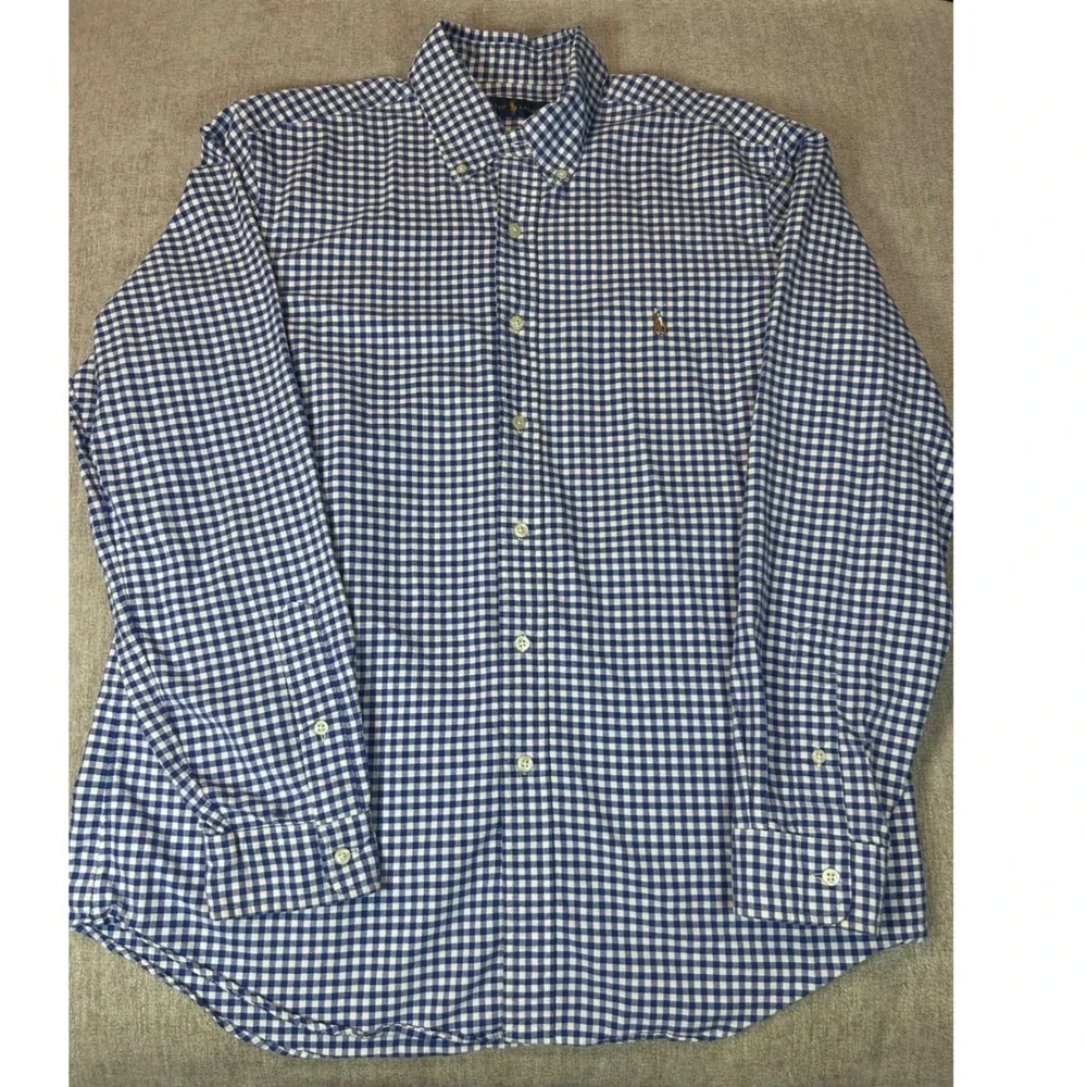 Ralph Lauren Mens Blue White Gingham Button Down Shirt Large Long Sleeve Cotton